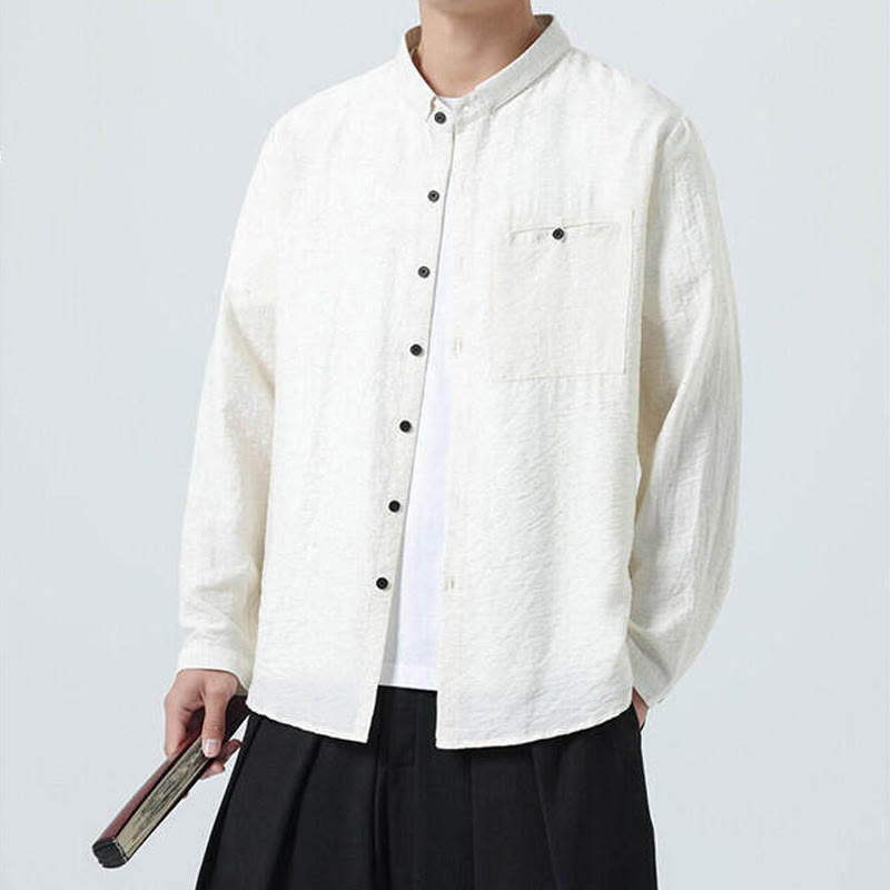 Nimara Ritual Vintage Plain Buttons Down Stand Collar Long Sleeve Men's Cotton Shirt