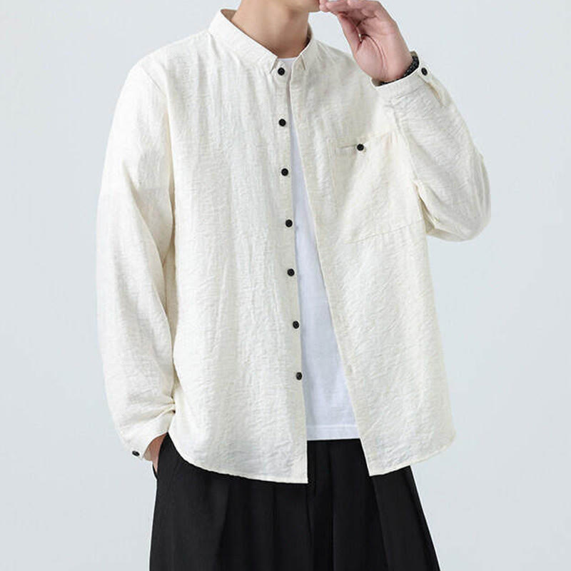 Nimara Ritual Vintage Plain Buttons Down Stand Collar Long Sleeve Men's Cotton Shirt