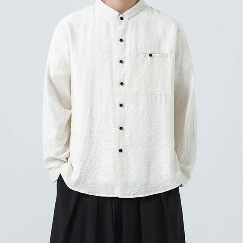 Nimara Ritual Vintage Plain Buttons Down Stand Collar Long Sleeve Men's Cotton Shirt