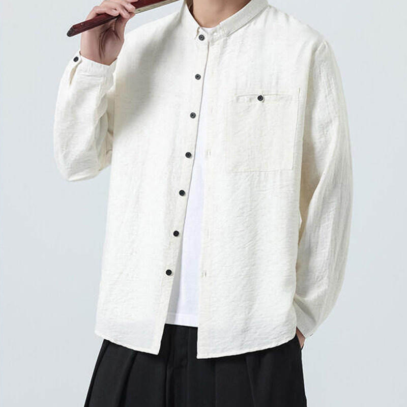 Nimara Ritual Vintage Plain Buttons Down Stand Collar Long Sleeve Men's Cotton Shirt