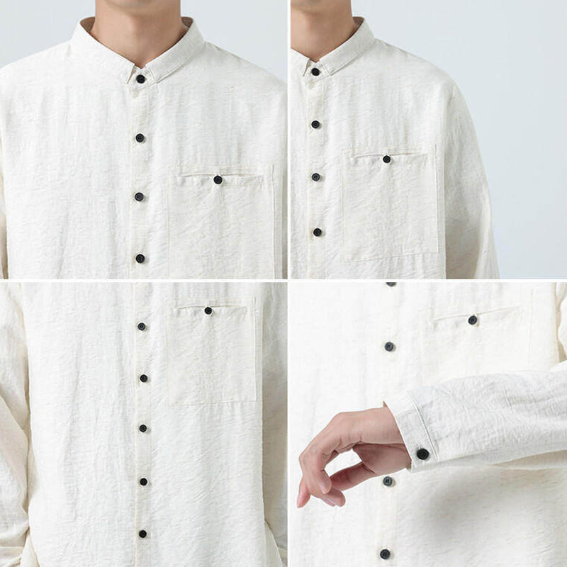 Nimara Ritual Vintage Plain Buttons Down Stand Collar Long Sleeve Men's Cotton Shirt