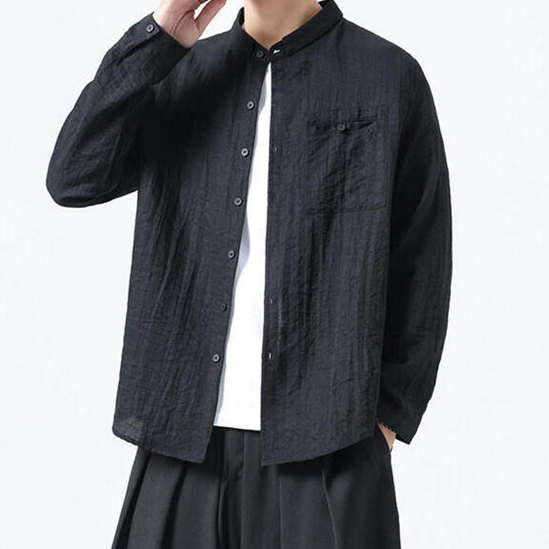 Nimara Ritual Vintage Plain Buttons Down Stand Collar Long Sleeve Men's Cotton Shirt