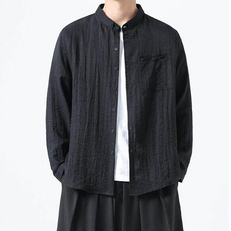 Nimara Ritual Vintage Plain Buttons Down Stand Collar Long Sleeve Men's Cotton Shirt