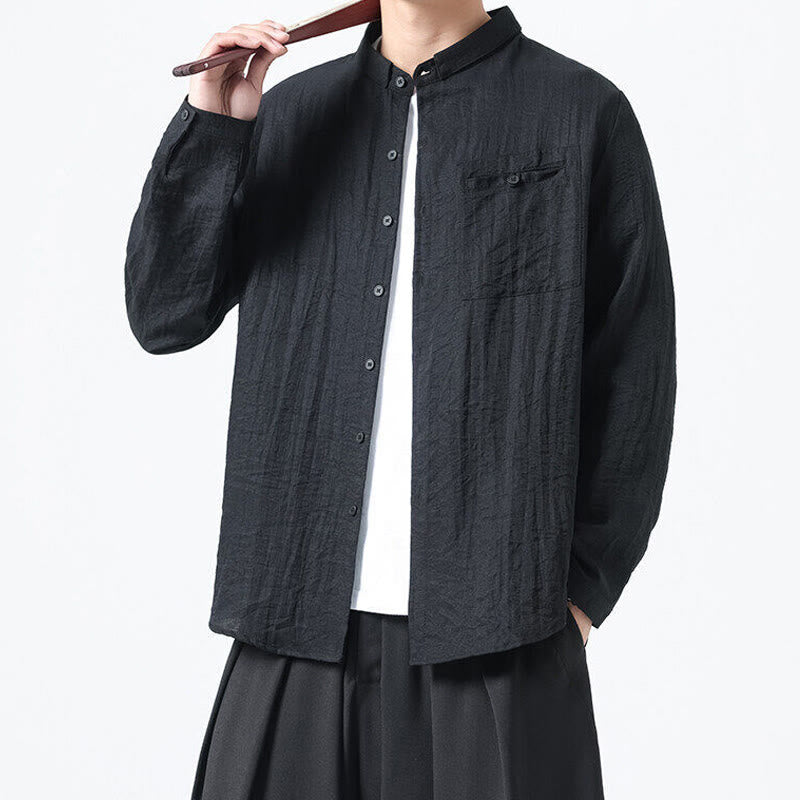Nimara Ritual Vintage Plain Buttons Down Stand Collar Long Sleeve Men's Cotton Shirt