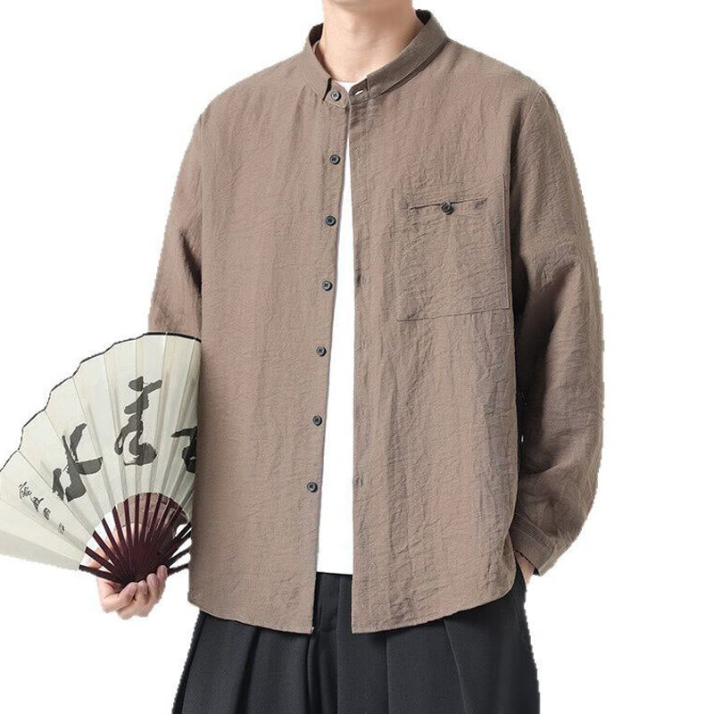 Nimara Ritual Vintage Plain Buttons Down Stand Collar Long Sleeve Men's Cotton Shirt