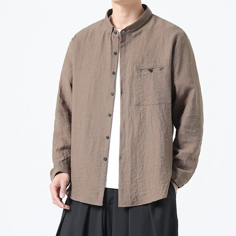 Nimara Ritual Vintage Plain Buttons Down Stand Collar Long Sleeve Men's Cotton Shirt