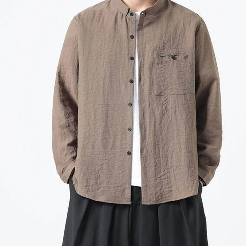 Nimara Ritual Vintage Plain Buttons Down Stand Collar Long Sleeve Men's Cotton Shirt