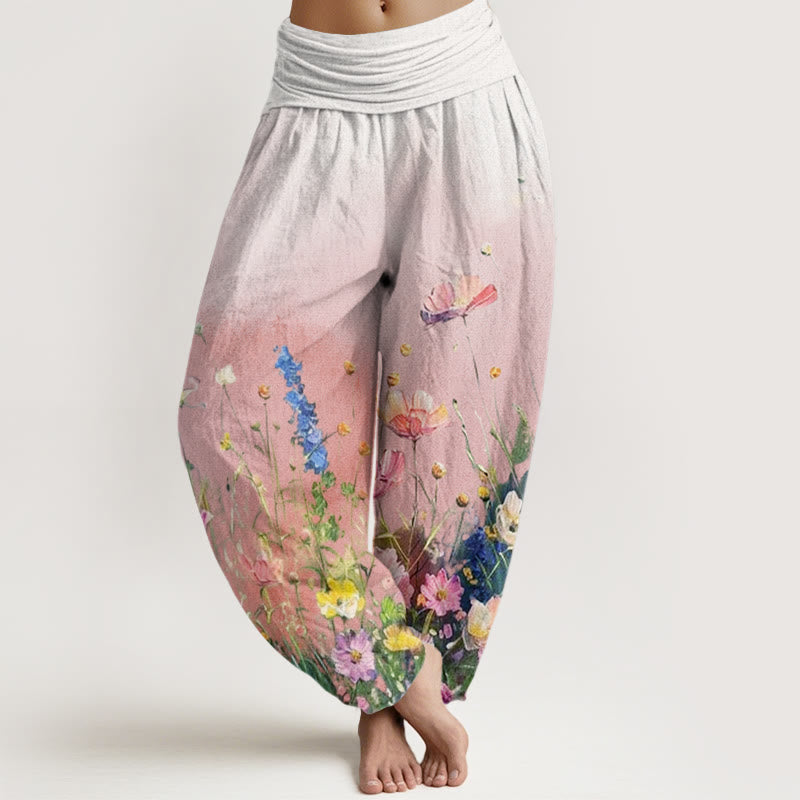 Nimara Ritual Cotton Casual Watercolor Style Floral Pattern Women's Elastic Waist Harem Pants