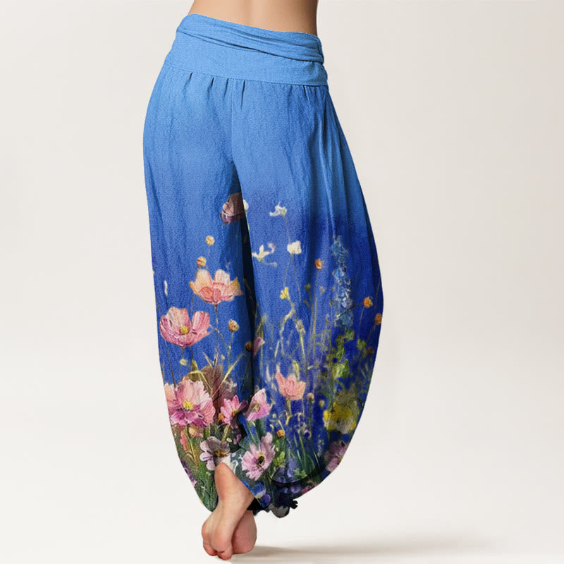 Nimara Ritual Cotton Casual Watercolor Style Floral Pattern Women's Elastic Waist Harem Pants