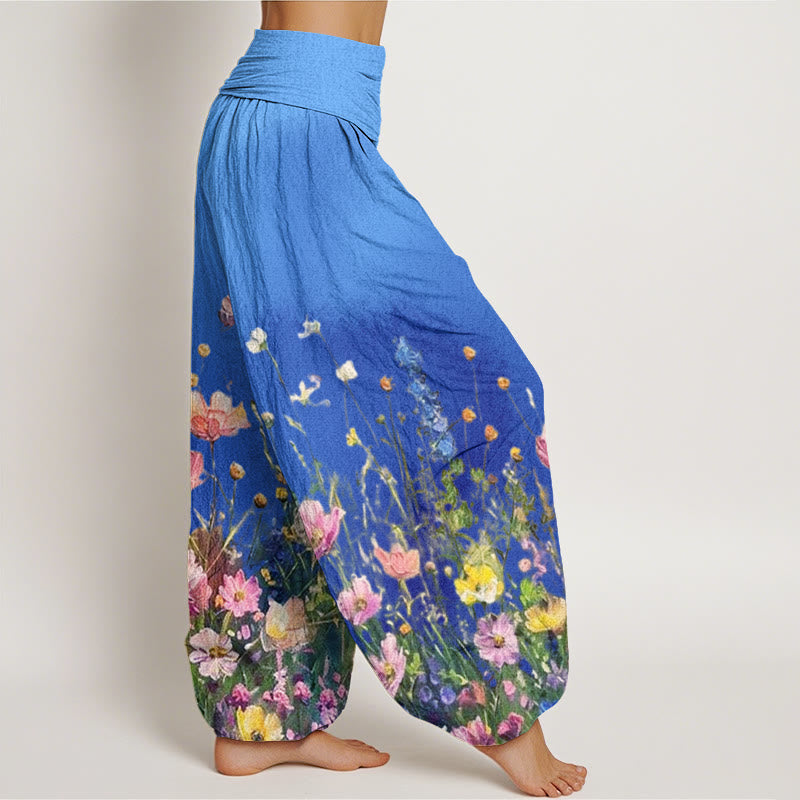 Nimara Ritual Cotton Casual Watercolor Style Floral Pattern Women's Elastic Waist Harem Pants