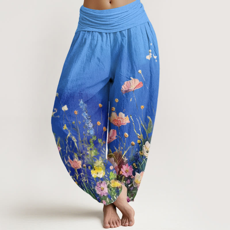 Nimara Ritual Cotton Casual Watercolor Style Floral Pattern Women's Elastic Waist Harem Pants