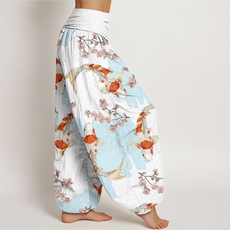 Nimara Ritual Cotton Casual Koi Fish Cherry Blossom Pattern Women's Elastic Waist Harem Pants