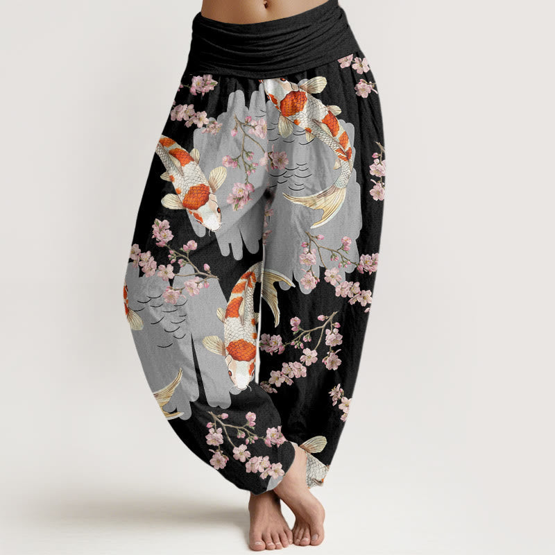 Nimara Ritual Cotton Casual Koi Fish Cherry Blossom Pattern Women's Elastic Waist Harem Pants