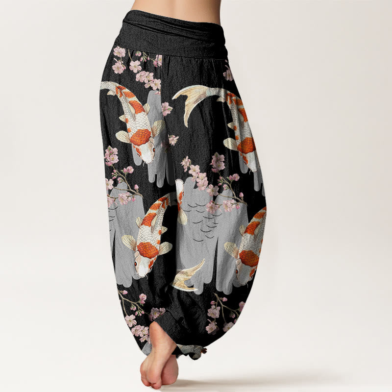 Nimara Ritual Cotton Casual Koi Fish Cherry Blossom Pattern Women's Elastic Waist Harem Pants