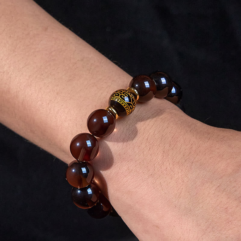 Nimara Ritual Ice Obsidian Gold-stamped Sanskrit Courage Bracelet