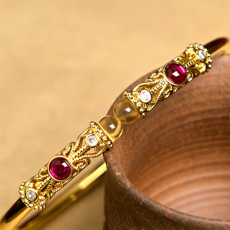 Nimara Ritual Golden Flower Pattern Red Zircon Amber Copper Luck Cuff Bracelet Bangle