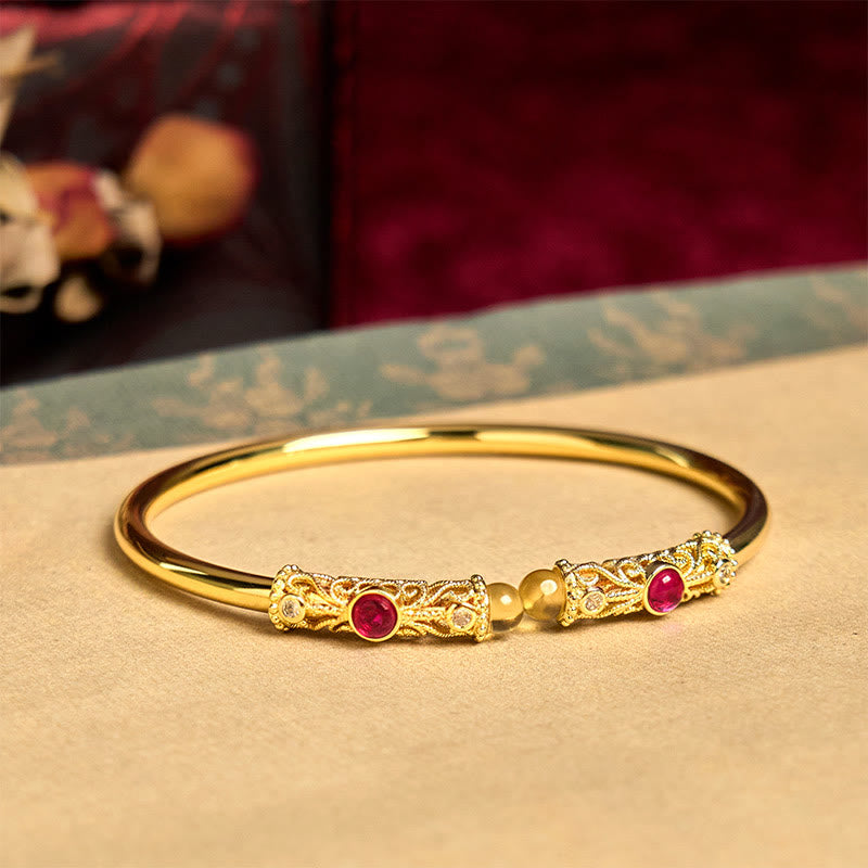 Nimara Ritual Golden Flower Pattern Red Zircon Amber Copper Luck Cuff Bracelet Bangle