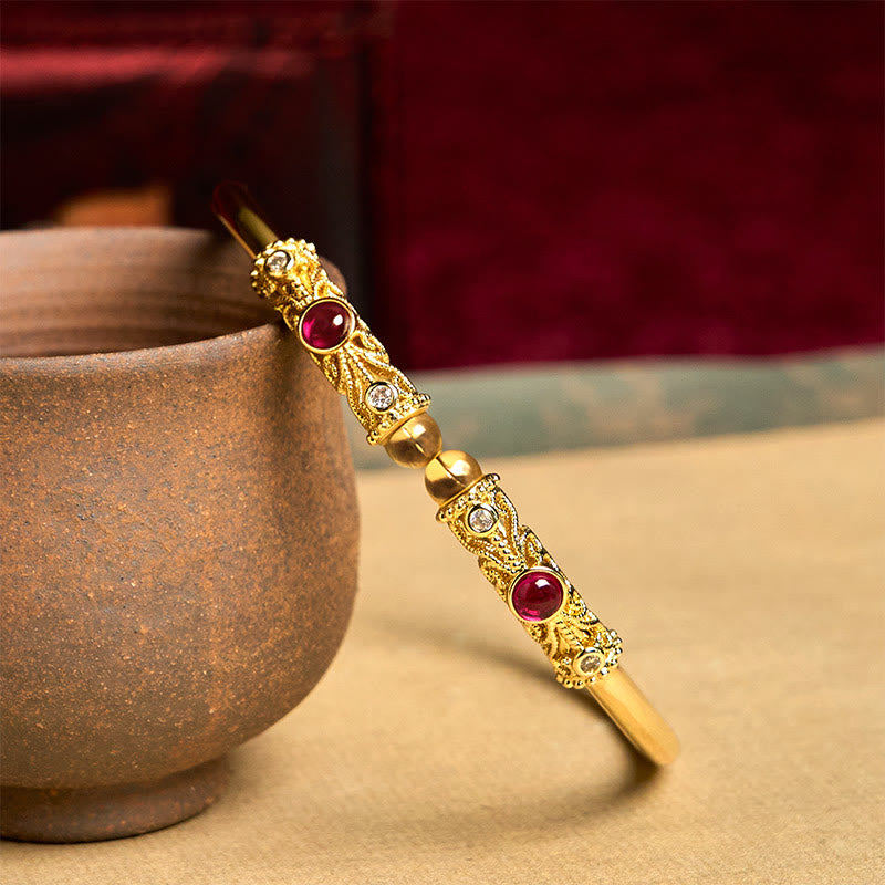 Nimara Ritual Golden Flower Pattern Red Zircon Amber Copper Luck Cuff Bracelet Bangle