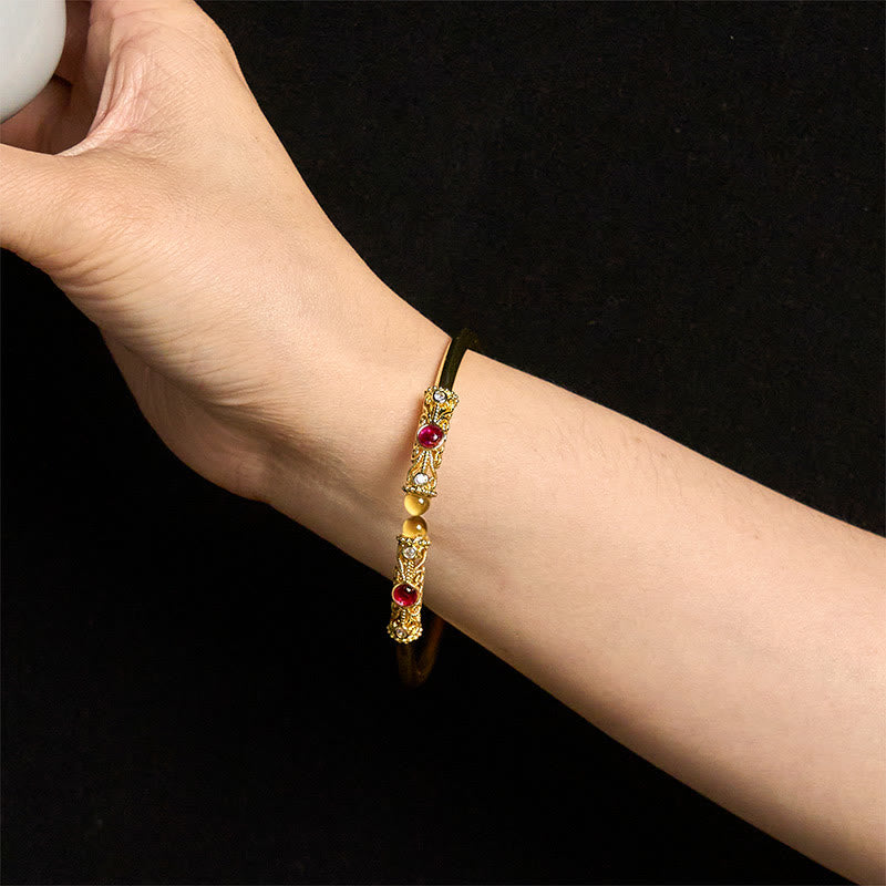 Nimara Ritual Golden Flower Pattern Red Zircon Amber Copper Luck Cuff Bracelet Bangle