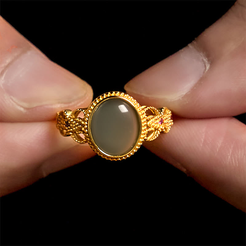 Nimara Ritual Natural 925 Sterling Silver Plated Gold Hollow Design Jade Luck Ring