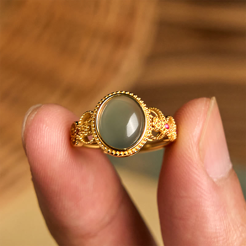 Nimara Ritual Natural 925 Sterling Silver Plated Gold Hollow Design Jade Luck Ring