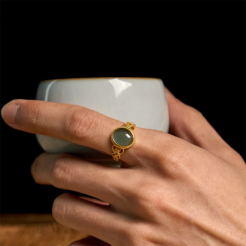 Nimara Ritual Natural 925 Sterling Silver Plated Gold Hollow Design Jade Luck Ring