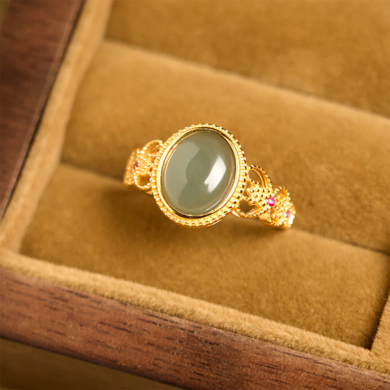 Nimara Ritual Natural 925 Sterling Silver Plated Gold Hollow Design Jade Luck Ring