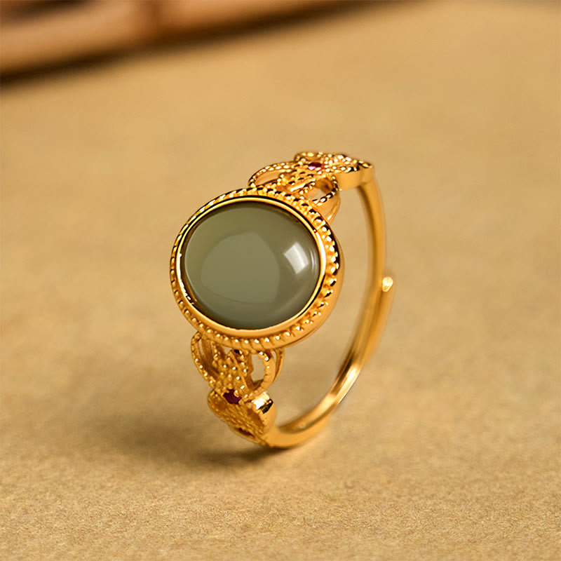 Nimara Ritual Natural 925 Sterling Silver Plated Gold Hollow Design Jade Luck Ring
