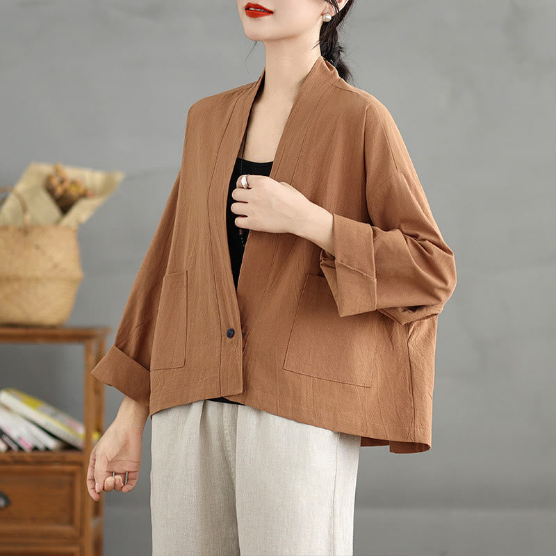 Nimara Ritual Casual Vintage Plain Long Sleeve Open Front Jacket With Pockets