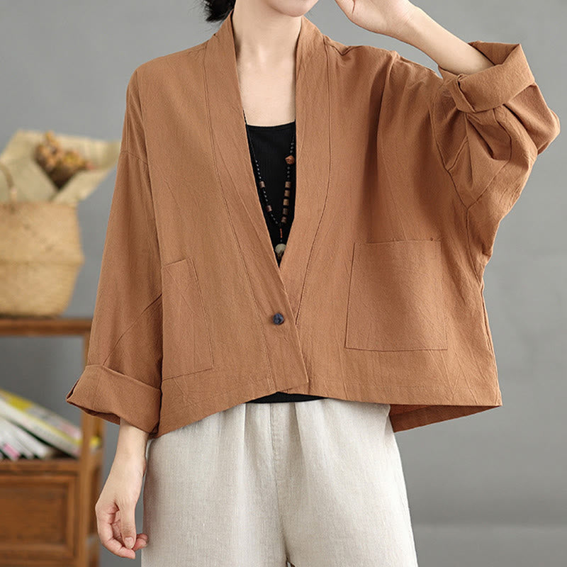 Nimara Ritual Casual Vintage Plain Long Sleeve Open Front Jacket With Pockets