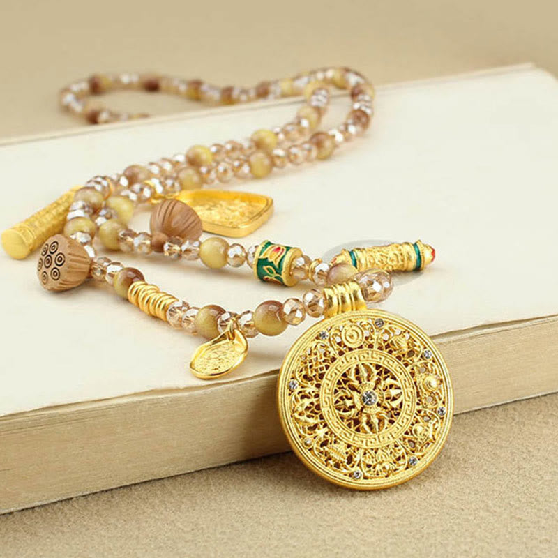 Nimara Ritual Tibetan Lotus Round Plate Golden Tiger Eye Beads Necklace Pendant