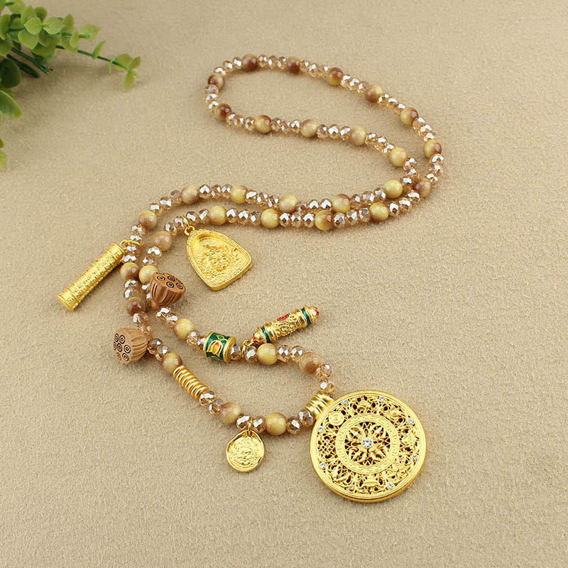 Nimara Ritual Tibetan Lotus Round Plate Golden Tiger Eye Beads Necklace Pendant