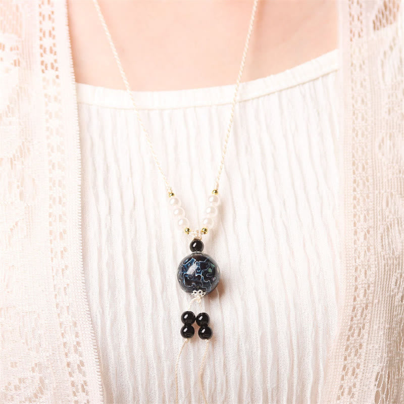 Nimara Ritual Ebony Wood Aurora Lacquer Craft Bead Pearl Balance Necklace Pendant