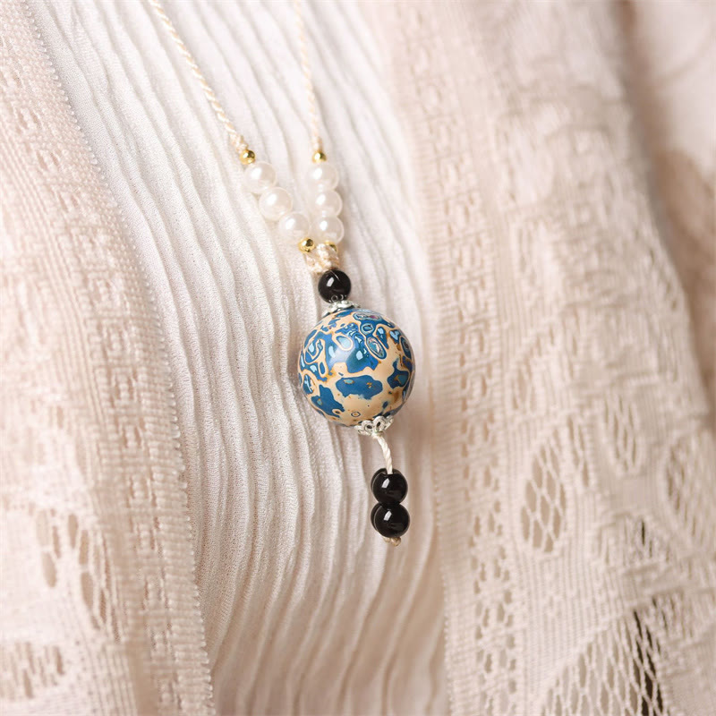 Nimara Ritual Ebony Wood Aurora Lacquer Craft Bead Pearl Balance Necklace Pendant