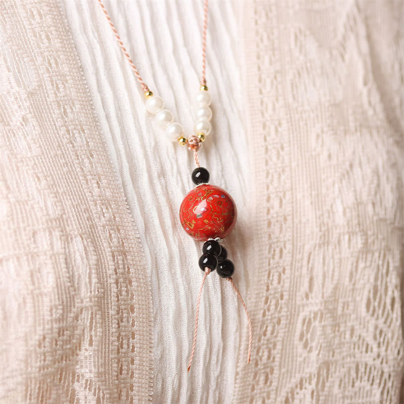 Nimara Ritual Ebony Wood Aurora Lacquer Craft Bead Pearl Balance Necklace Pendant