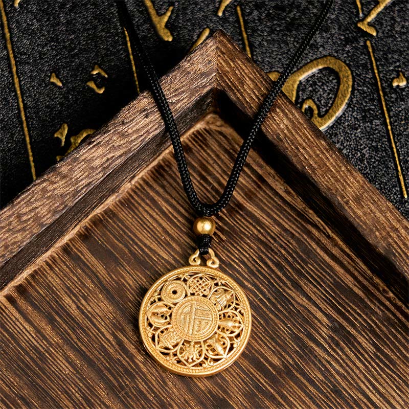 Nimara Ritual Copper Eight Treasure Compass Fu Character Fortune Rope Necklace Pendant