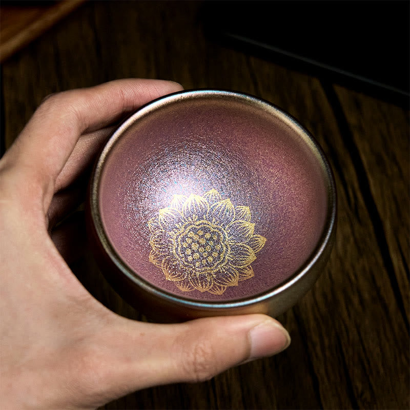 Nimara Ritual Handmade Chinese Jianzhan Golden Lotus Flower Ceramic Teacup Kung Fu Tea Cup 150ml