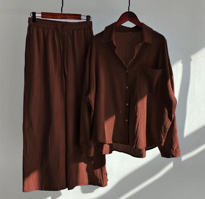 Nimara Ritual 2Pcs Long Sleeve Shirt Top With Pockets Drawstring Pants Meditation Cotton Clothing Women's Set