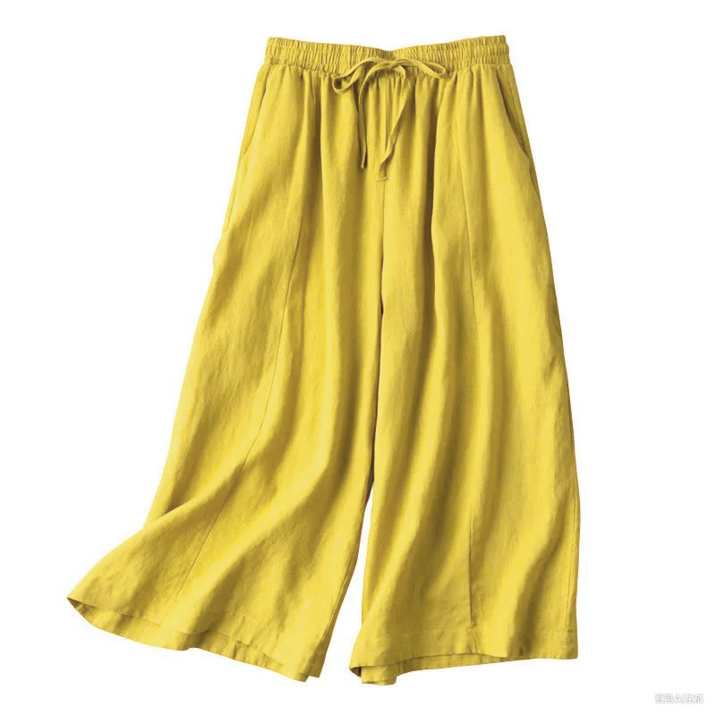 Nimara Ritual Plain Color 7-8 Length Capri Cropped Pants Cotton Linen Women's Wide Leg Pants With Pockets