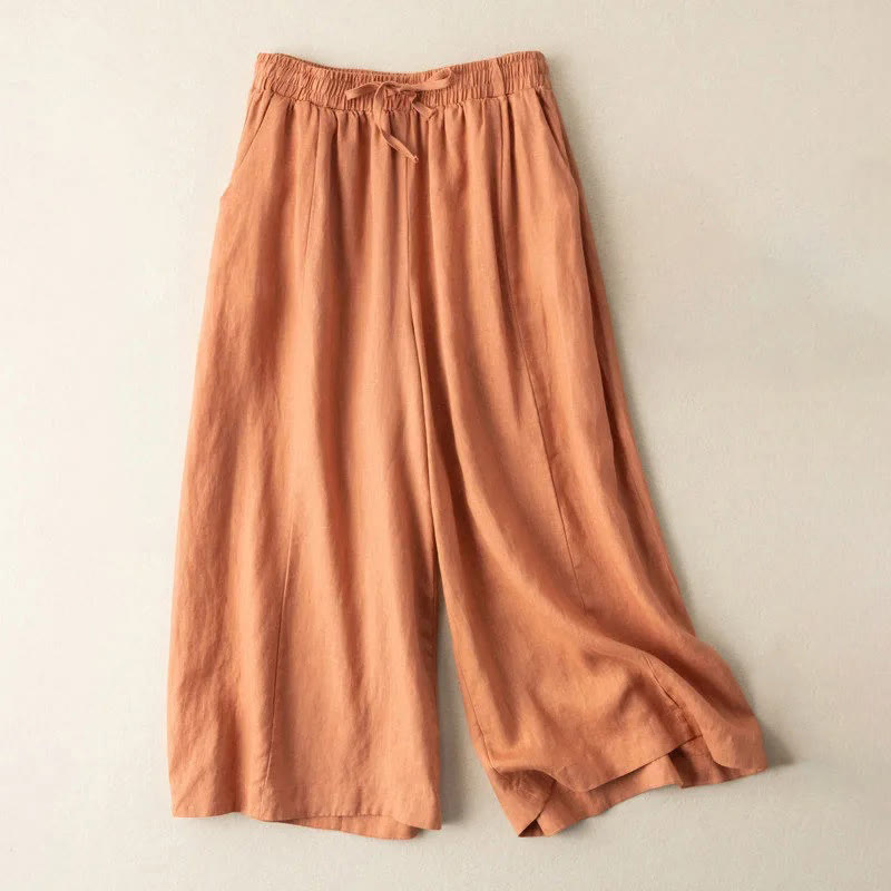 Nimara Ritual Plain Color 7-8 Length Capri Cropped Pants Cotton Linen Women's Wide Leg Pants With Pockets