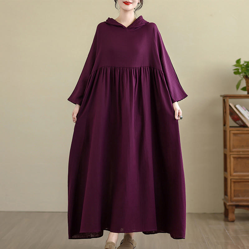 Nimara Ritual Fall Hoodie Design Long Sleeve Cotton Linen Midi Dress With Pockets