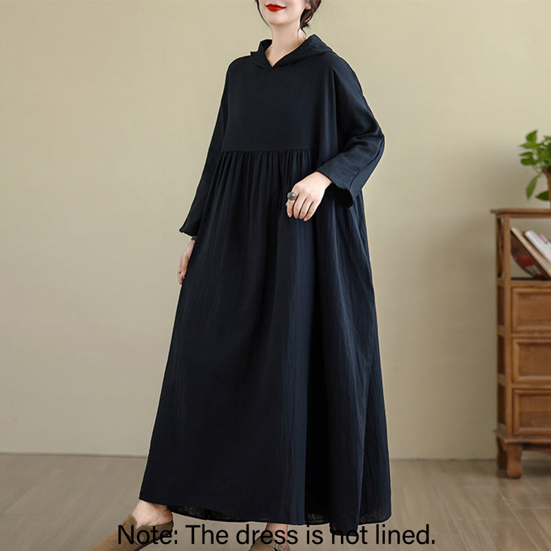 Nimara Ritual Fall Hoodie Design Long Sleeve Cotton Linen Midi Dress With Pockets