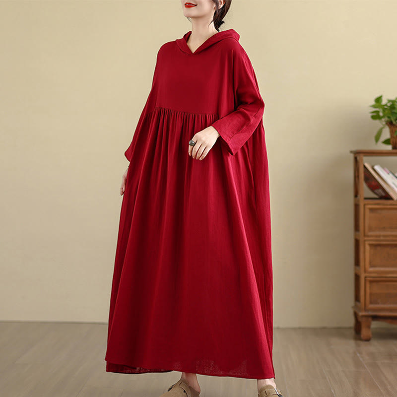 Nimara Ritual Fall Hoodie Design Long Sleeve Cotton Linen Midi Dress With Pockets