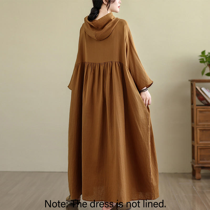 Nimara Ritual Fall Hoodie Design Long Sleeve Cotton Linen Midi Dress With Pockets
