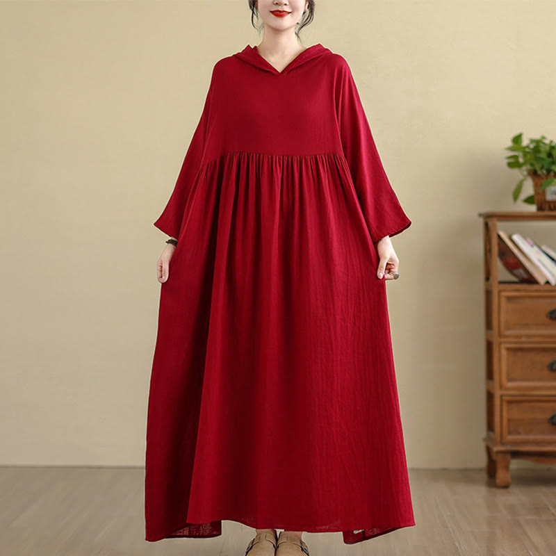 Nimara Ritual Fall Hoodie Design Long Sleeve Cotton Linen Midi Dress With Pockets