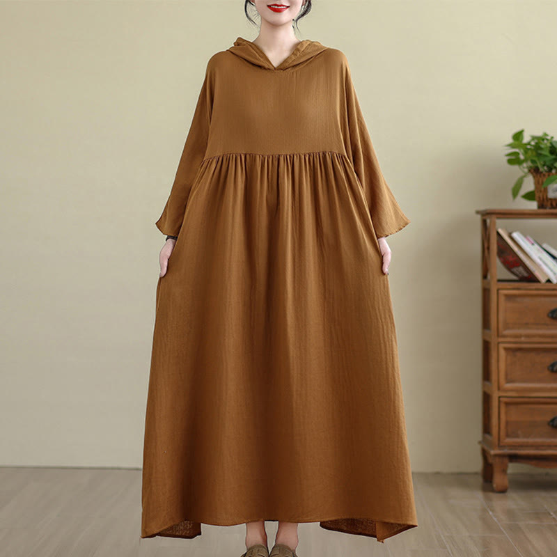 Nimara Ritual Fall Hoodie Design Long Sleeve Cotton Linen Midi Dress With Pockets