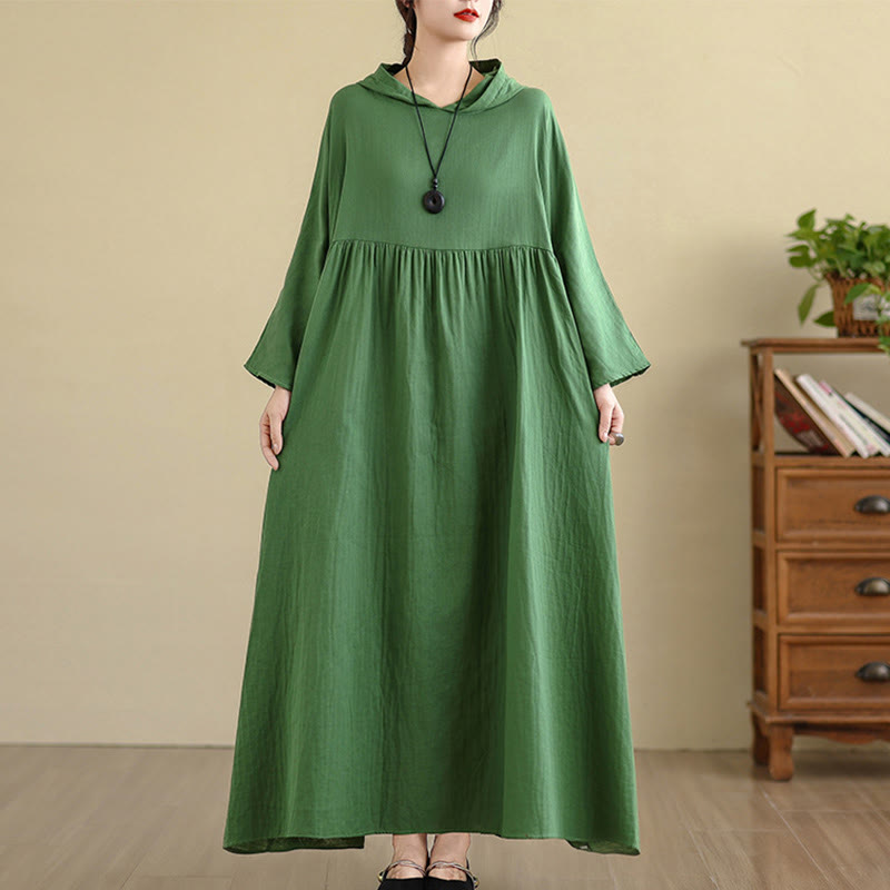 Nimara Ritual Fall Hoodie Design Long Sleeve Cotton Linen Midi Dress With Pockets