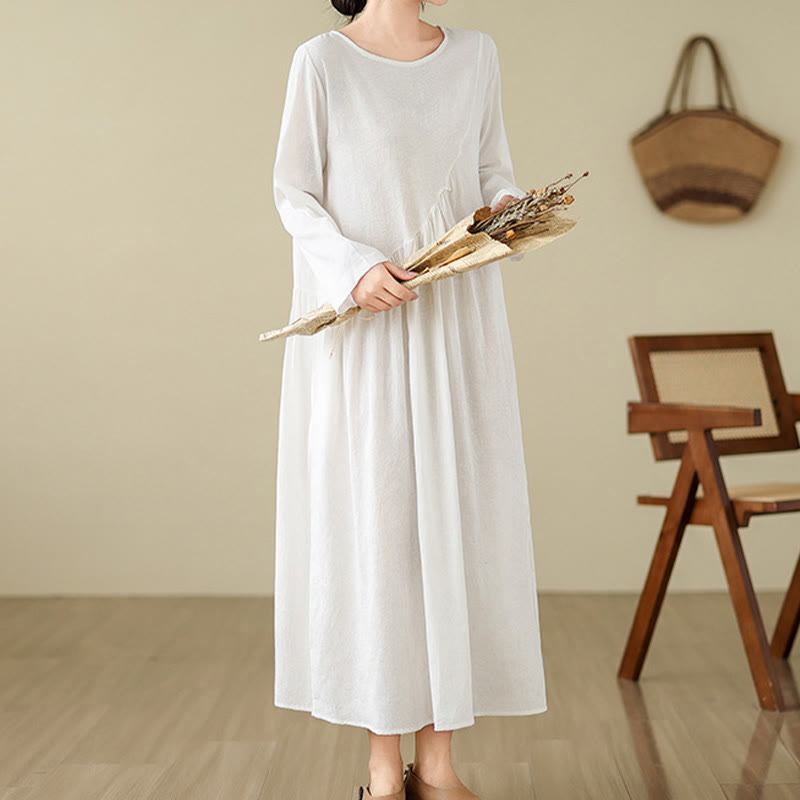 Nimara Ritual Plain Jacquard Flower Irregular Long Sleeve Cotton Linen Midi Dress With Pockets