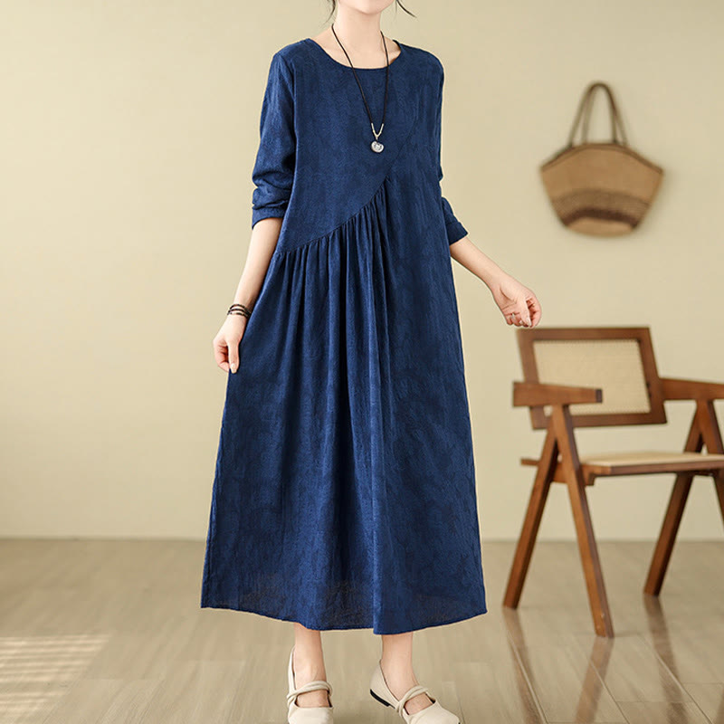Nimara Ritual Plain Jacquard Flower Irregular Long Sleeve Cotton Linen Midi Dress With Pockets