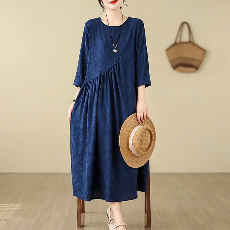 Nimara Ritual Plain Jacquard Flower Irregular Long Sleeve Cotton Linen Midi Dress With Pockets